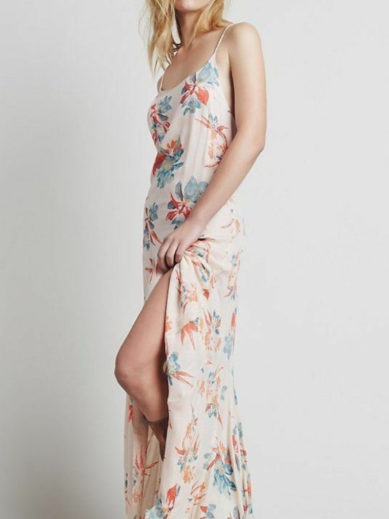 Free People Coral Orange Floral Print Maxi Slip Dress